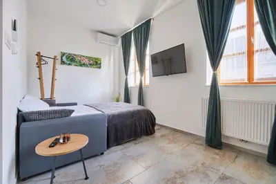 a bedroom with a bed and a table at Ob Krki Apartments and GYM in Kostanjevica na Krki