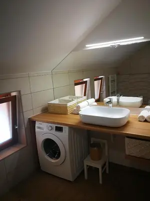 a bathroom with a washing machine and a sink at Apartment 199 in Zgornje Gorje