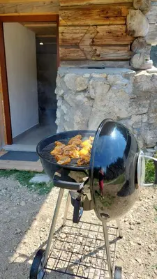 a grill with a mirror and a bbq at Hut Vaznik in Mrzli Studenec