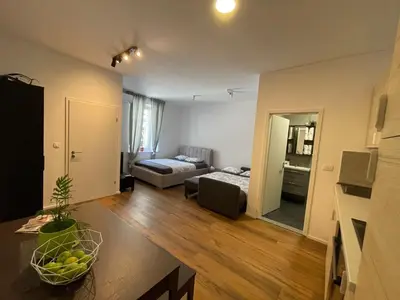 a living room with a couch and a bed in a room at Ljubljana Studios in Ljubljana