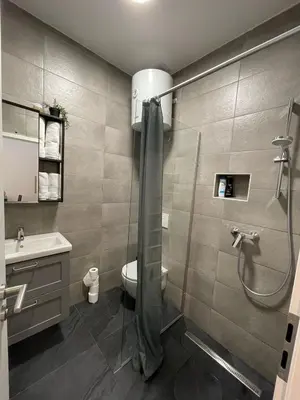 a bathroom with a shower and a toilet and a sink at Ljubljana Studios in Ljubljana