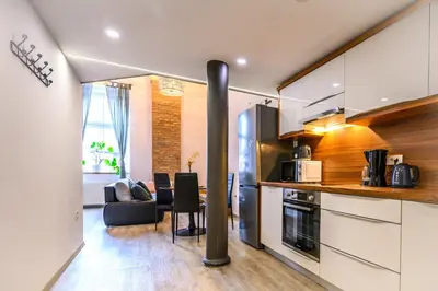a kitchen and living room with a stove at The Comfortable Loft in Ljubljana