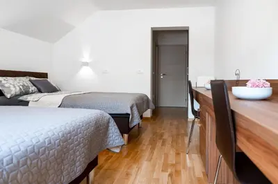 a bedroom with two beds and a counter with a sink at Sobe in apartmaji Bama in Litija