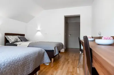 a bedroom with two beds and a desk with a sink at Sobe in apartmaji Bama in Litija
