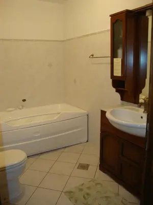 a bathroom with a sink and a tub and a toilet at Belica Bed and Breakfast in Dobrovo