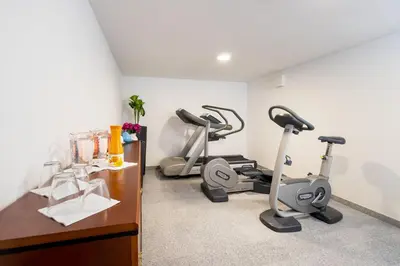 a gym with three exercise bikes in a room at Villa Mihaela in Bled