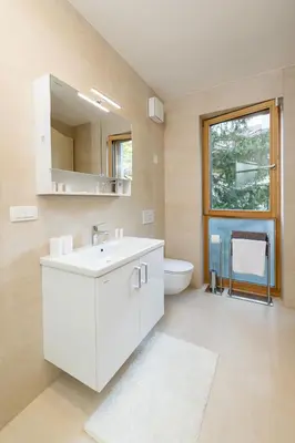 a bathroom with a sink and a toilet and a mirror at Villa Mihaela in Bled