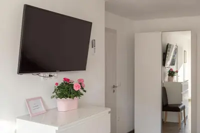 a flat screen tv hanging on a wall in a living room at Apartments Fine Stay Slovenia in Žirovnica