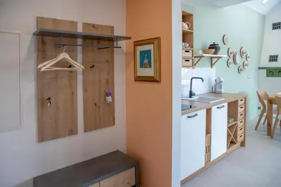 a kitchen with a sink and a wooden door at Hiska B&N Podlehnik in Podlehnik