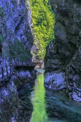 a bridge over a river in a rocky canyon at GreenRiver Apartment in Spodnje Gorje