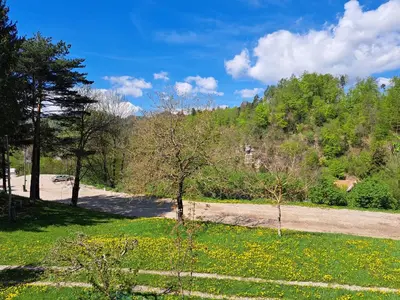 a field with trees and a dirt road at GreenRiver Apartment in Spodnje Gorje