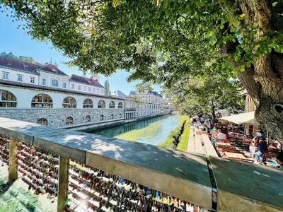a bunch of wine bottles on a fence next to a river at Galleria apartment Ljubljana in Ljubljana