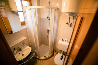 a bathroom with a shower and a toilet and a sink at POČITNIŠKI APARTMAJI - Trobentica 37 Apartment Golf Moravske Toplice in Moravske Toplice