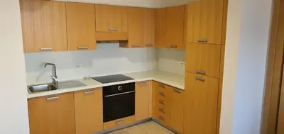 a kitchen with wooden cabinets and a sink and a stove at Mari 14 in Maribor