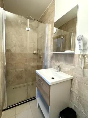 a bathroom with a sink and a shower at L&L rooms in Maribor