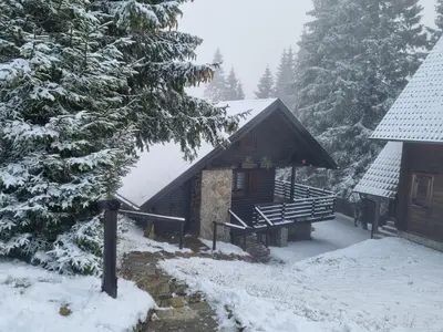 a cabin in the woods with snow on the ground at Apartment Bajta - Rogla in Zreče