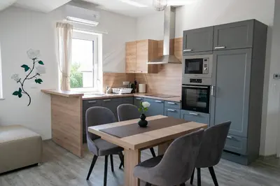 a kitchen with a table and chairs in a kitchen at Prima Countryside Apartments in Žirovnica
