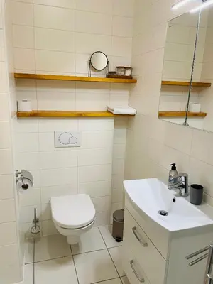 a white bathroom with a toilet and a sink at HAY Apartment Bled in Bled