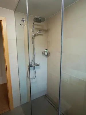 a shower with a glass door in a bathroom at Siesta apartment Bled in Bled