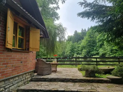 a brick house with a window and a patio at Cottage by the pond Pavel in Šmarje pri Jelšah