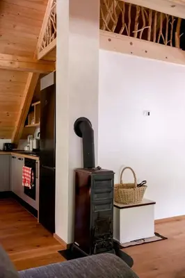 a kitchen with a wood stove in a room at Apartma Mlekuž in Bovec
