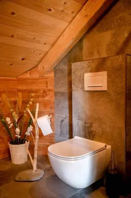 a bathroom with a white toilet and a wooden ceiling at Apartma Mlekuž in Bovec