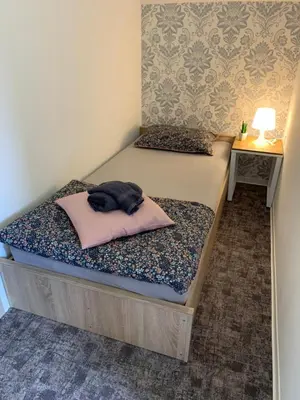 a bedroom with a bed with a pink pillow on it at L&G ROOMS in Ljubljana