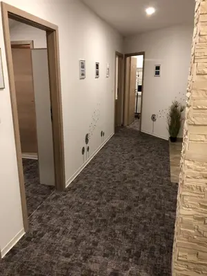 a hallway with a room with doors and carpet at L&G ROOMS in Ljubljana