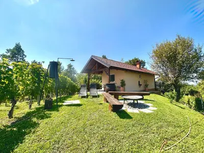 a house with a bench and a table in the yard at Holiday House Tomajna in Podlehnik