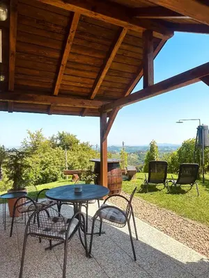 a patio with a table and chairs and a grill at Holiday House Tomajna in Podlehnik