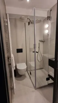 a bathroom with a glass shower and a toilet at The Hotel Ljubljana in Ljubljana