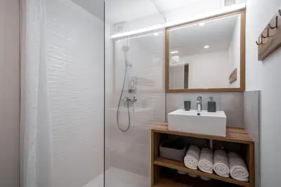 a bathroom with a shower and a sink at House Leska in Kranjska Gora