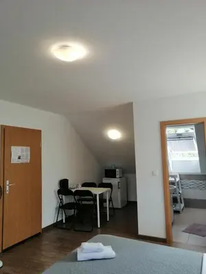 a room with a table and chairs and a table and a door at Sobe pri Roži in Postojna