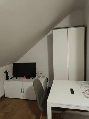 a white room with a tv and a white desk at Sobe pri Roži in Postojna