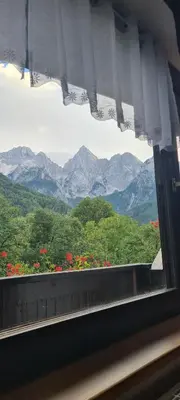 a window with a view of mountains and red flowers at Apartma Vidic in Gozd Martuljek