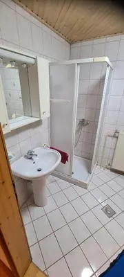 a bathroom with a sink and a shower at Apartma Vidic in Gozd Martuljek