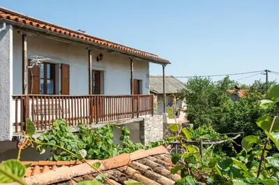 a house with a vegetable garden in front of it at Apartma Na skdnu in Dutovlje