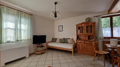 a living room with a couch and a tv at Apartma Na skdnu in Dutovlje
