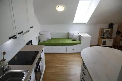 a small kitchen with a green couch in a room at Family apartment on Repečnik farm in Gorje, Bled in Zgornje Gorje