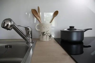 a kitchen counter with a sink and a pot and utensils at Family apartment on Repečnik farm in Gorje, Bled in Zgornje Gorje