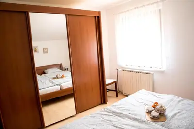 a bedroom with a large mirror and a bed at Apartma Kamra15 in Mežica