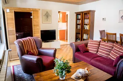 a living room with two couches and a table at Apartma Kamra15 in Mežica
