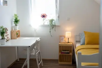 a bedroom with a desk and a bed and a window at Villa Cerkniško jezero in Cerknica