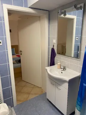 a bathroom with a white sink and a mirror at Room Julija in Žirovnica