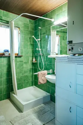 a green bathroom with a tub and a sink at Cozy family place 'Hiša Grozdek' - Gruškovec 40A in Gruškovec