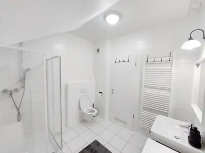 a white bathroom with a shower and a toilet at Centrally located, with castle view and 2 parkings in Bled