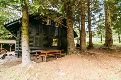 a log cabin with a bench in the woods at Chalet Liza & Rozi in Zgornja Ložnica