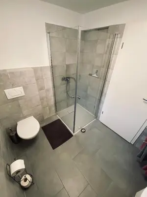 a bathroom with a shower and a toilet at Gogalova Apartments in Ljubljana
