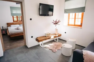 a living room with a television on the wall at Štekner house Apartma in Ljubno