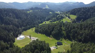 an aerial view of a green field with trees at Valle Divina in Mislinja